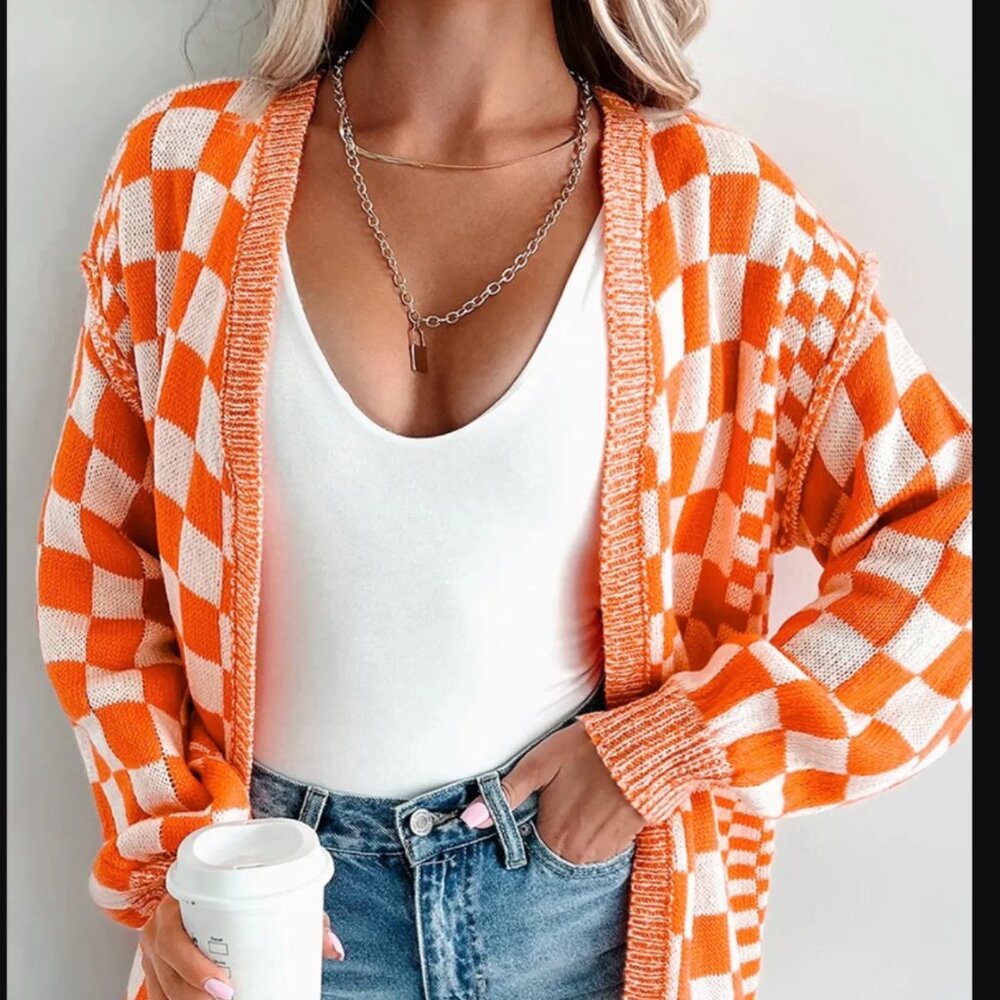 orang and white checkered cardigan